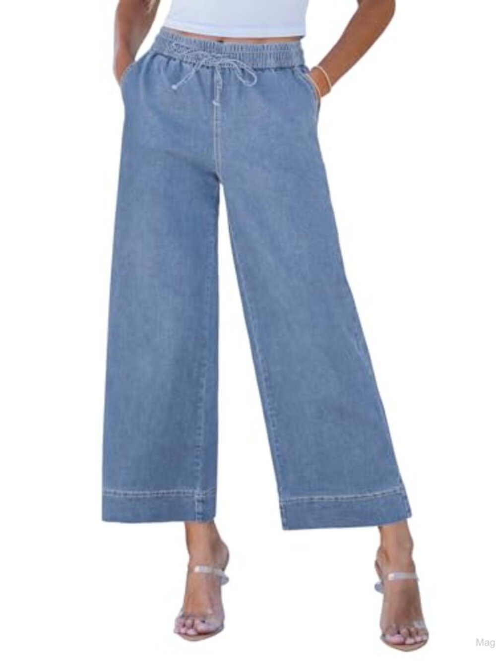 Wide Leg Jeans High Waisted Pull On Cropped Stretch Denim Trouser Pants